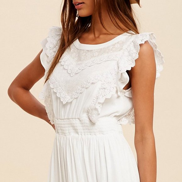 NEW Off White Romantic Lace Inset Ruffle Trim Yoke Smock Waist Midi Maxi Dress - Picture 5 of 10